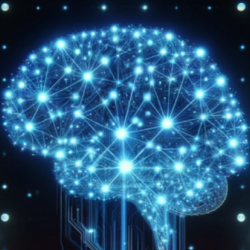 A futuristic AI interface with glowing blue neural network patterns on a dark background, symbolizing advanced artificial intelligence. The interface is filled with holographic projections of data streams, code, and 3D brain-like structures, showcasing th